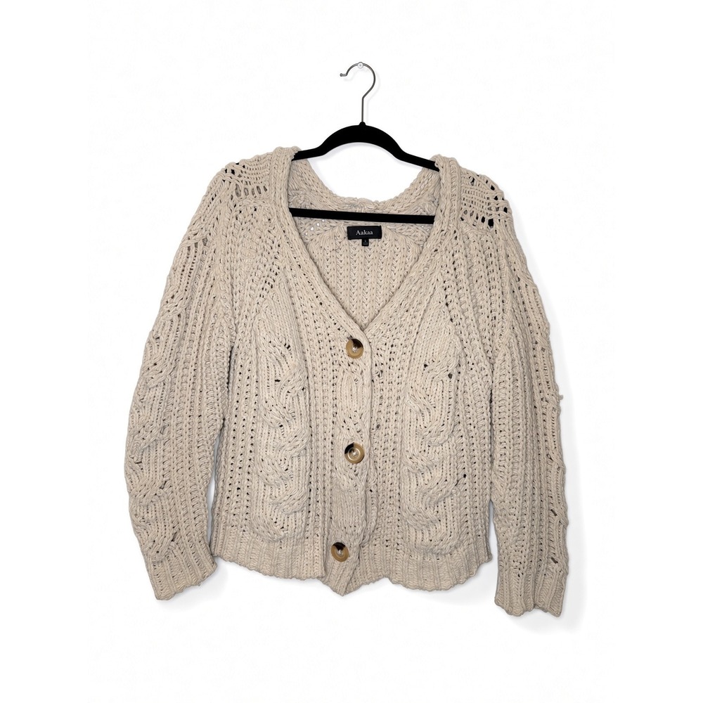 Aakaa Womens Cream Chunky Cable Knit Cardigan V-Neck Button Front Sweater Medium
